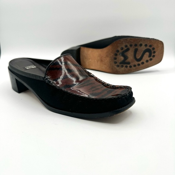 STUART WEITZMAN VINTAGE BLACK BROWN SHOE ANIMAL PRINTS SLIP ON SHOE BLOCK HEELS - Picture 12 of 16